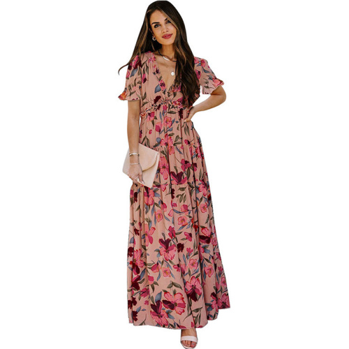 Womens Casual Floral Deep V Neck Evening Dress