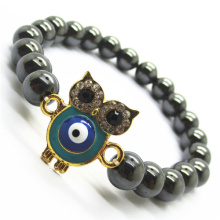 Pulsera Hematite 8MM Round Beads Stretch Gemstone con Diamante alloy Owl Piece