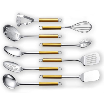 Stainless Steel Kitchen Utensil Set with Gold Handles: Cooking Spoon, Ladle, Skimmer, Potato Masher, and Spatulas