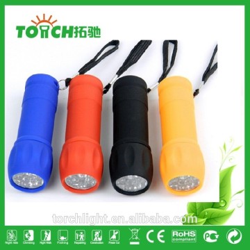Promotion colorful super mini torch 9 LEDs flashlight with rubber coating for outdoor hiking use 3* AAA battary mini 9 leds lamp