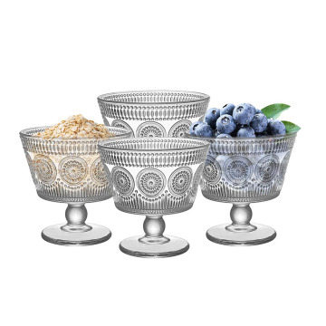 Short Stemmed Sunflower Pattern Vintage Glass Dessert Bowls - 9oz Ice Cream Sundae Cups