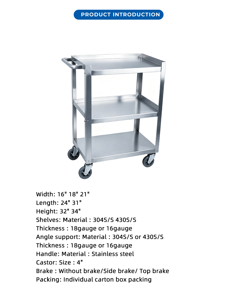 3-Tier Stainless Steel Utility Cart with Push X