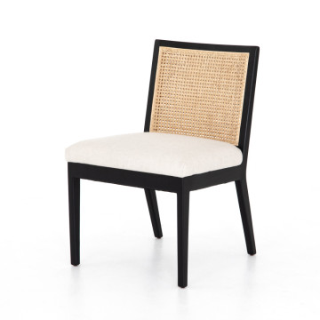 Stylish Rattan Cane Dining Chairs with Black Solid Wood Frames and Fabric Upholstered Seats