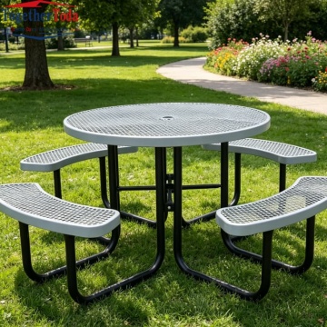 Table de pique-nique ronde en métal, ensemble de quatre bancs intégrés, Table à manger pour parc, école, cour, hôtel, ferme