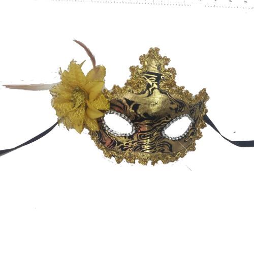 Máscara de penas de cosplay dourado com flor