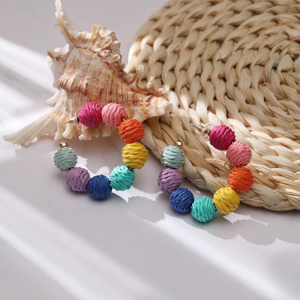 Pendientes de ratán BOHO BOHO RAFFIA Ball Hoop Dangle Parring para mujeres Declaración de mimbre de paja ligera Bohemian Beach Ea