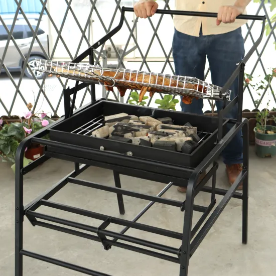 Custom Stainless Steel Charcoal Flip BBQ Grill with Rotating Grilling Net