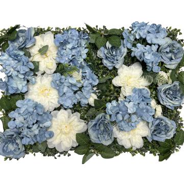 Telón de fondo de la pared de flores artificial blanca azul para la boda