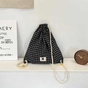 Small Durable Trendy Black Plaid Canvas Drawstring Pouch