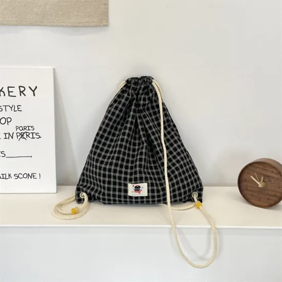 Small Durable Trendy Black Plaid Canvas Drawstring Pouch