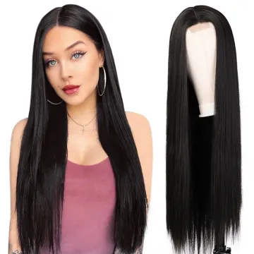 Aodale 30 Inches Middle Part Long Straight Black Hair Synthetic Hair Wigs For Black Women Heat Resistant Fiber Lace Wigs