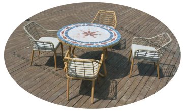 Outdoor Round Mosaic Table with Rattan Chairs