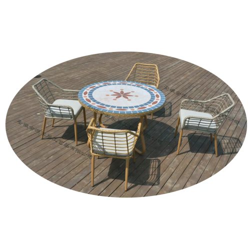 Outdoor Round Mosaic Table with Rattan Chairs