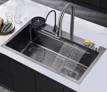 Black Nanometer Handmade Raindance 304 Stainless Steel Above Mount Waterfall Faucet for Farmhouse Kitchen Sinks