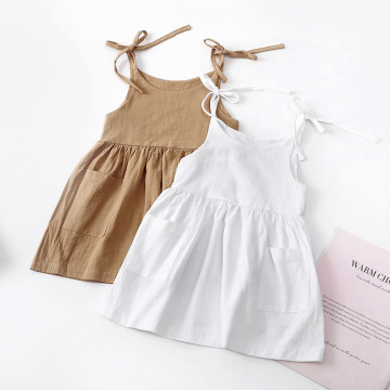 Girls' summer solid cotton linen suspender dress