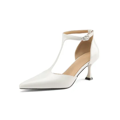 Women T-Strap Pointed Shoes Leather High Heels