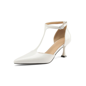 Women T-Strap Pointed Shoes Leather High Heels