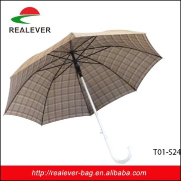 24" *8K Brown plaid 190T pongee metal and aluminium straight curved handle auto open umbrella