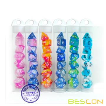 Bescon Mini Gemini Deux Tons Polyédriques RPG Dice Set 10MM, Mini RPG Jeu de Dés D4-D20 en Tube d&#39;Emballage, Assortiment de Couleur de 42pcs