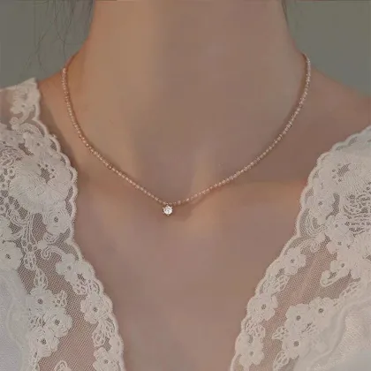 Mini Gold Bead Pendant Pearl Collarbone Chain Necklace