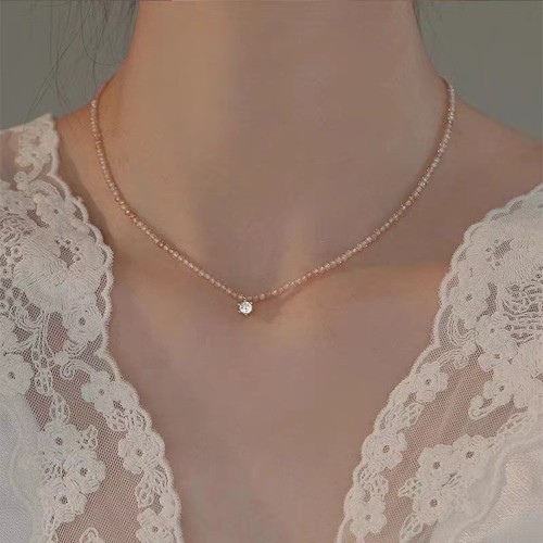 Mini Gold Bead Pendant Pearl Collarbone Chain Necklace