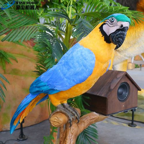 Burung beo animatronic berdiri di cabang untuk dijual