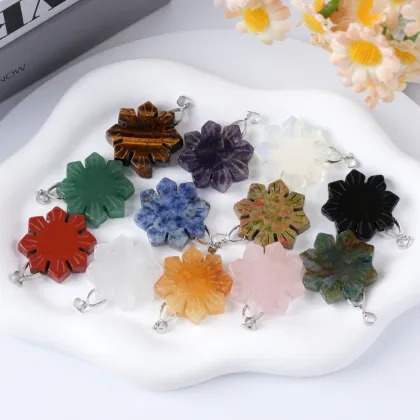 Gemstone Engraved Snowflake Pendant Natural Stone 30MM Snowflake Stone Pendant Crystal Carving Snowflake Charm Pendant