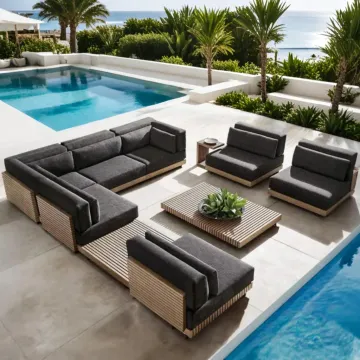 All-weather outdoor furniture villa wooden teak sofa set private garden sofa hotel outdoor patio teak sofa