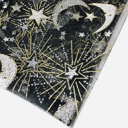 Glitter Lace Pegasus and Star Fabric with Golden Stripes