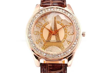 Eiffel Tower Leather Womens Wrist Watches Crystal Brown , Bronze Case Watches