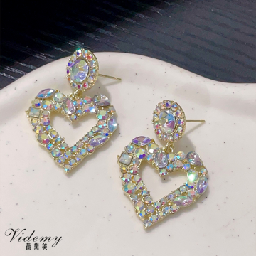 Purple Heart Shaped Earrings with Water Diamond Inlay