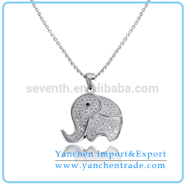 Fashion Design Elephant Shaped Pendant Necklace with Rhodium Plated CZ Diamond