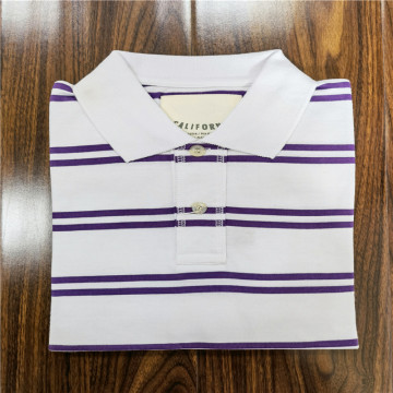 T-shirt Lapel Polo lengan pendek bergaris poliester