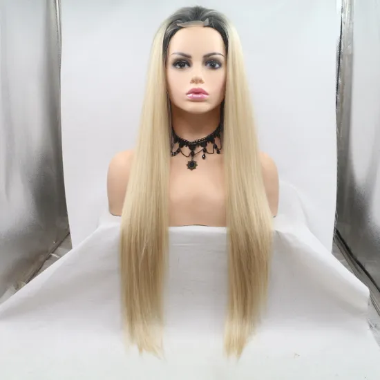 Long straight ombre blonde wholesale high quality heat resistant cheap synthetic wig small  lace front