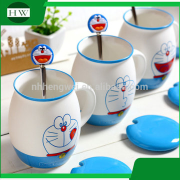 promotional gift mini cartoon Doraemon ceramic water tea milk coffee cup mug with handle and lid and spoon