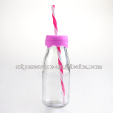 8oz glass milk bottle round juice drinking bottle with silicon lids
