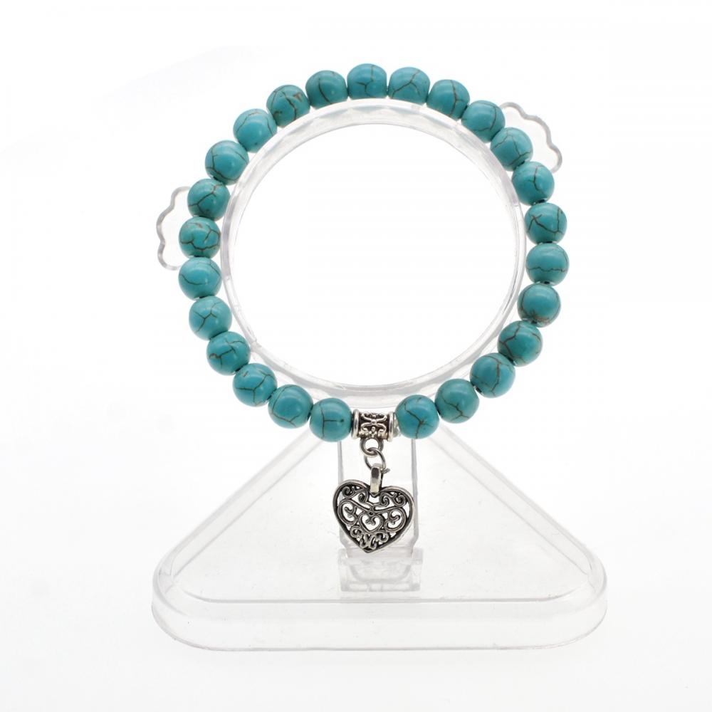 Bracelet de breloques de perles rondes de pierres précieuses turquoise naturelle de 8MM avec coeur en alliage