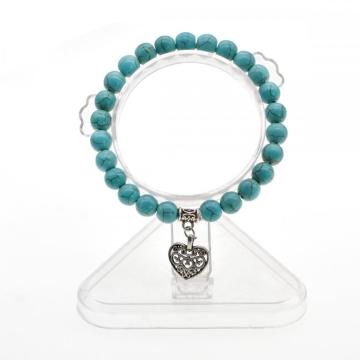 Natural Turquoise Chakra Gemstone 8MM Round Beads Charms Bracelet with Heart Alloy