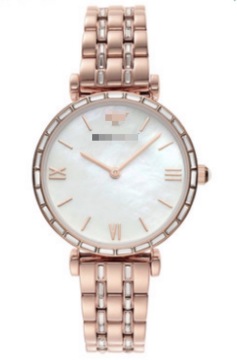 32mm Rose Gold Stainless Steel Ladies Quartz Watch Baguette Crystal Bezel Natural Mother Of Pearl Dial Roman Numeral Slim Dress