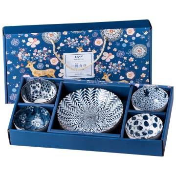 Japanese-Style Handmade Ceramic Bowl Set - Blue and White Ramen Gift Set