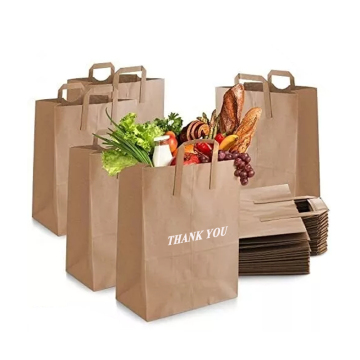 Brown Kraft & White Paper Bags with Flat Handles for Party Gifts and Food Packaging