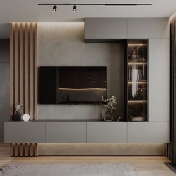 L'unité de télévision murale moderne entier gris gris signifie des meubles de salon intelligent