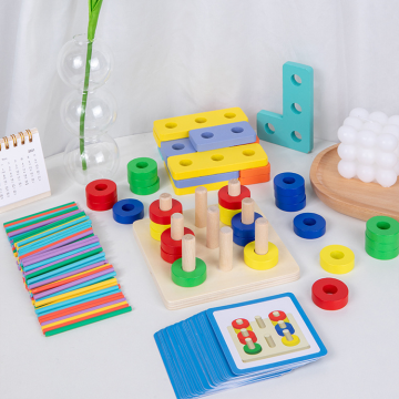 3-in-1 Multifunctional Math Learning Toy: Wooden Ferrule Color Cognition Geometry Shape Sorting & Counting Stick