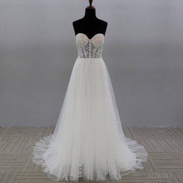 Crystal design gorgeous bridal dress backless lace strapless wedding dress