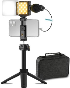 Professionelles Flashoot -Video -Mikrofon -Kit mit LED -Licht, Stativ und Tragetasche: Das ultimative Vlogging -Kit für iPhone-, Tiktok- und YouTube -Content -Ersteller