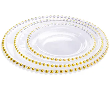 Clear Beaded Glass Charger Plate With Gold Rim