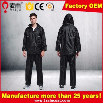 Maiyu 190T Polyester taffete out shell with PVC coated raincoat,motocycle rain suit with refelctive strips.