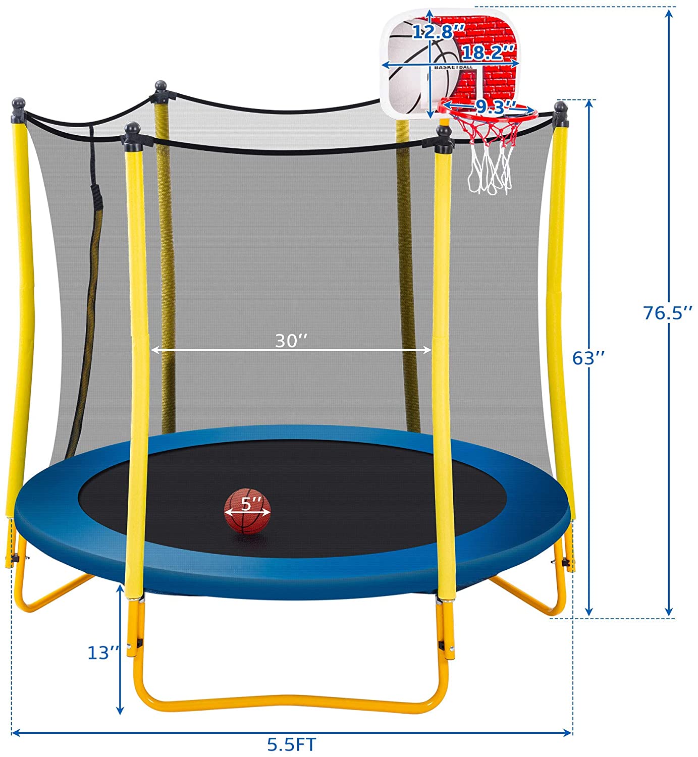 Trampolín para niños con aro de baloncesto, pelota de goma y recinto de seguridad red