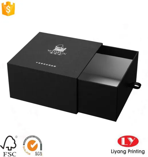 Black Drawer Cardboard Box With PU Puller