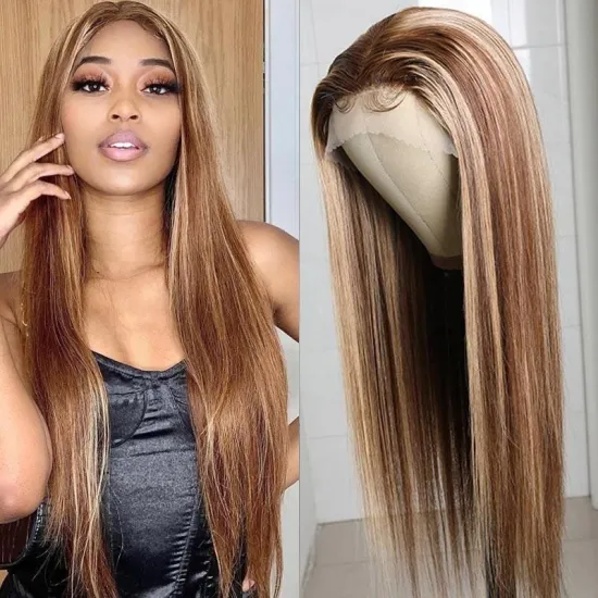 Uniky Piano 30 Inch Long Straight Brown 13X4 Transparent Lace Highlighted Human Hair Wigs 10a Highlight Body Wave Hair Full Wig